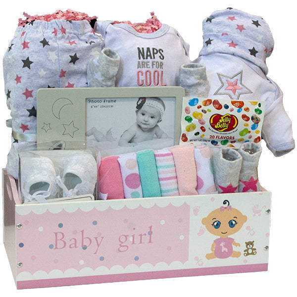 🎀 Baby Girl Medium Gift Basket – Cribmates Gift Set, Moon Frame, Washcloths & Booties