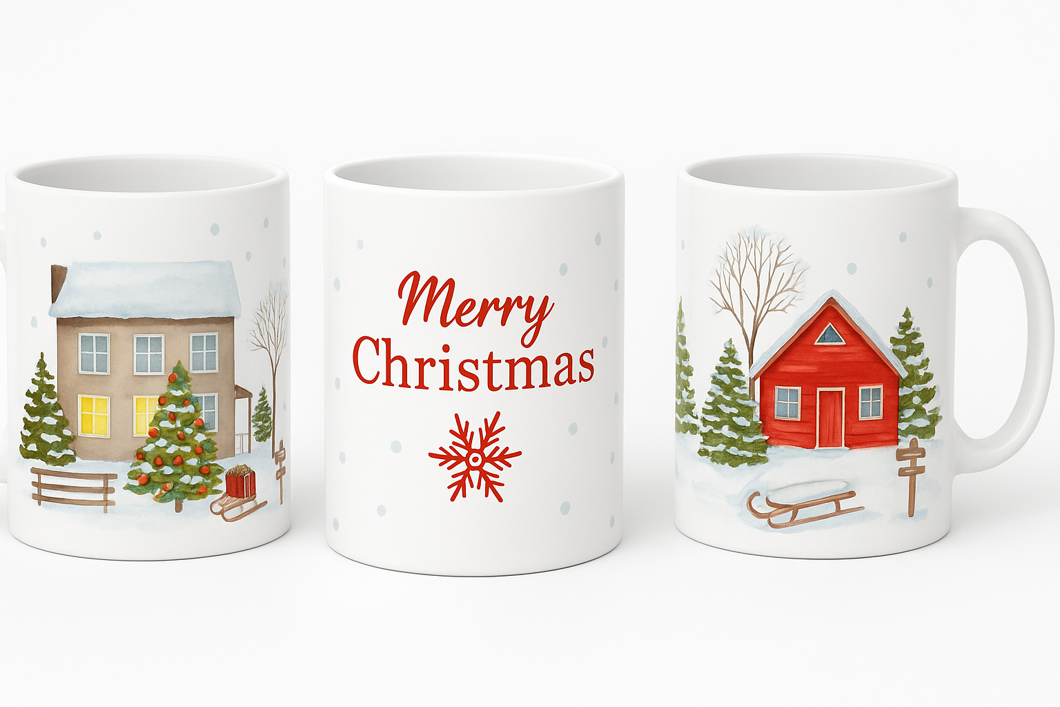 🎄 Merry Christmas Mug – Cozy Winter Village Scene with Snow, Sleigh & Trees