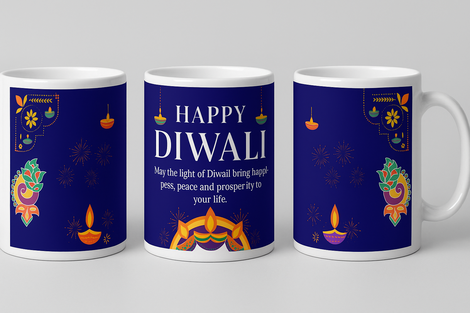 🪔 Happy Diwali Mug – Blue Festive Mug with Diyas, Rangoli & Greeting Quote