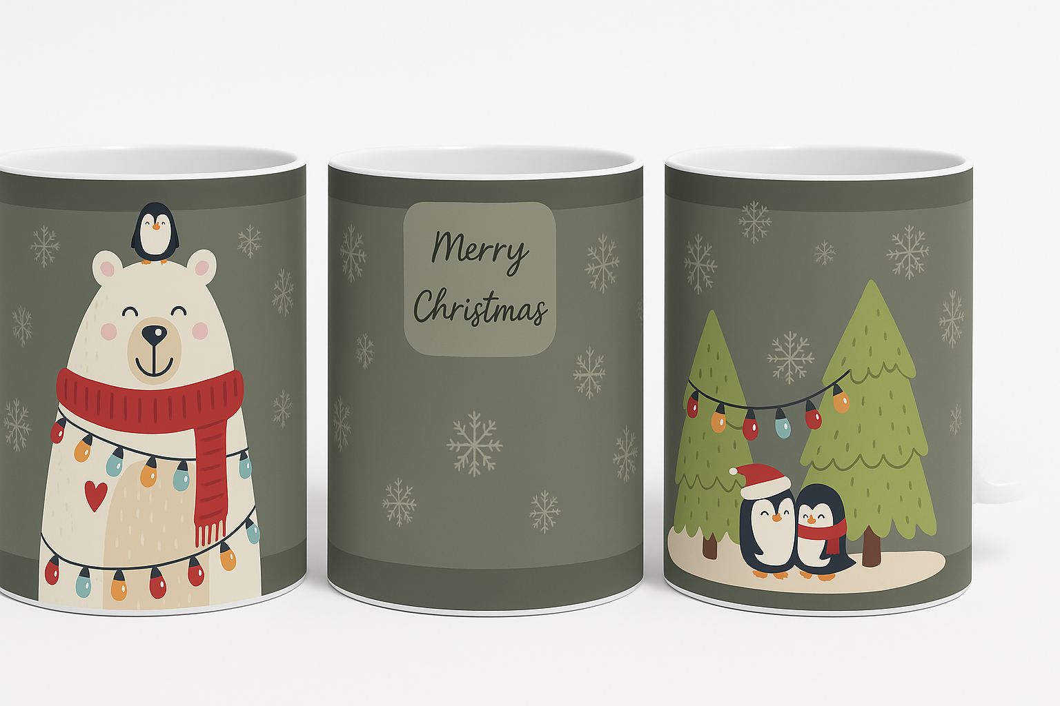 🐧 Cute Christmas Mug – Bear & Penguin Winter Scene with Lights & Snowflakes