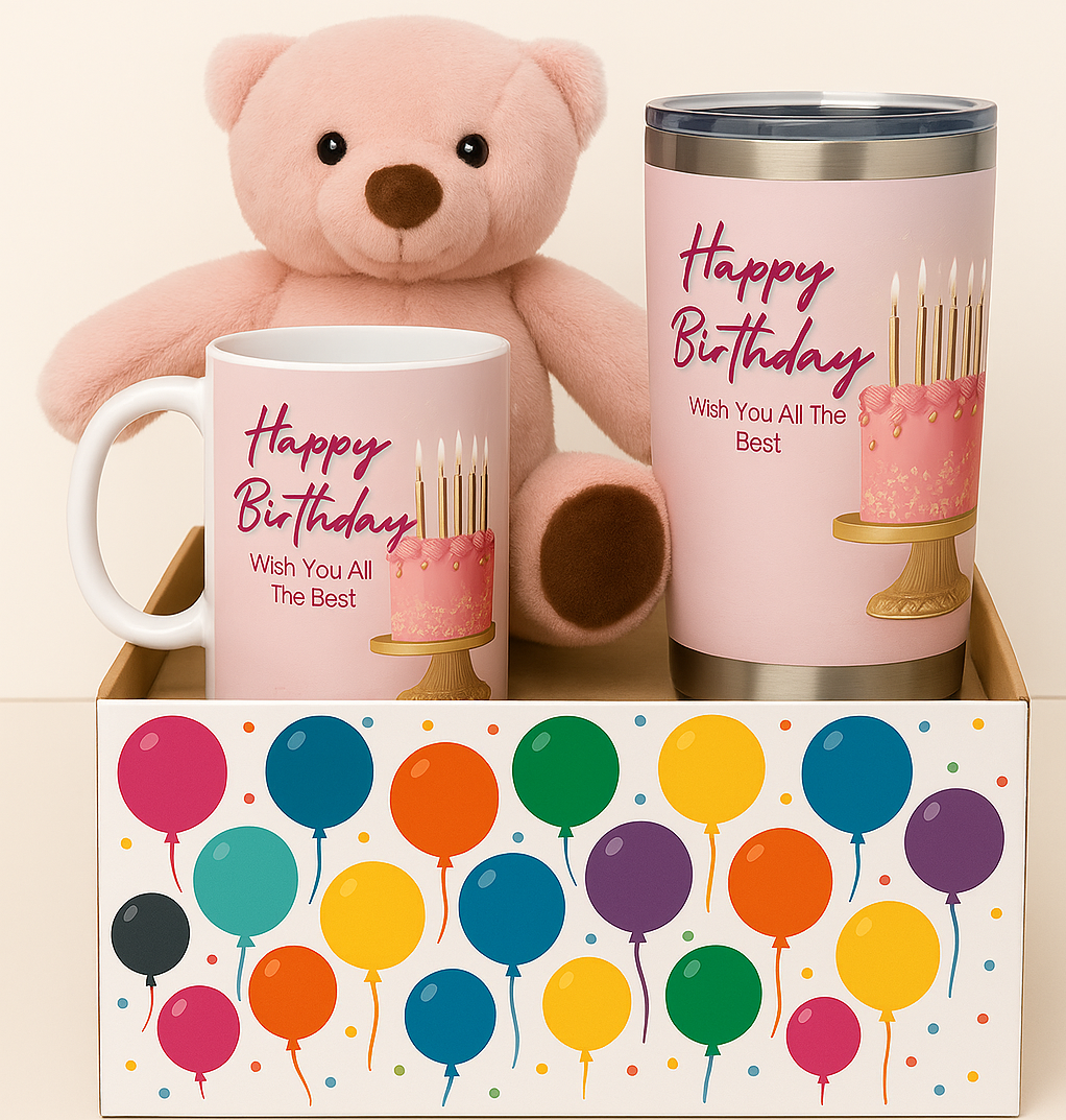 🎁 Birthday Gift Hamper – Mug, Tumbler & Teddy