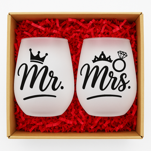 Mr. & Mrs. Frosted Stemless Wine Glass Gift Set – 17 oz (Black Design)