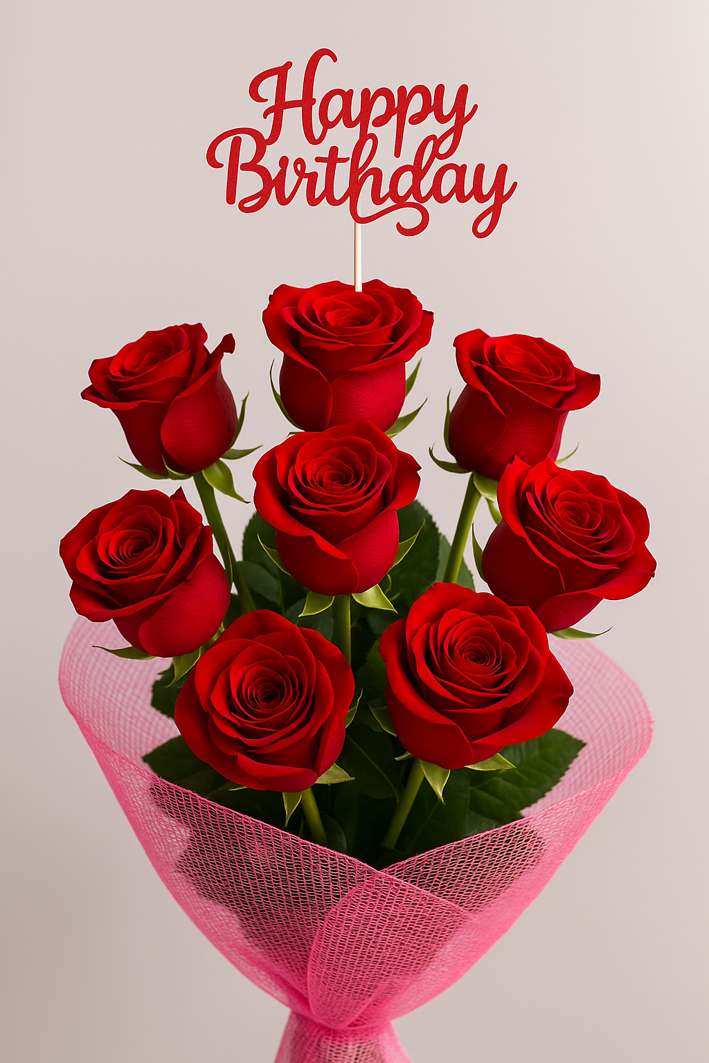 🎉7 Red Roses Birthday Bouquet – Pink Mesh Wrap🎉