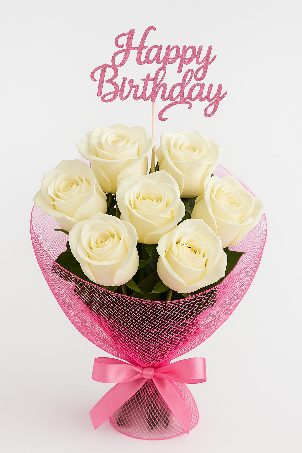🌸7 White Roses Birthday Bouquet – Pink Mesh Wrap🌸