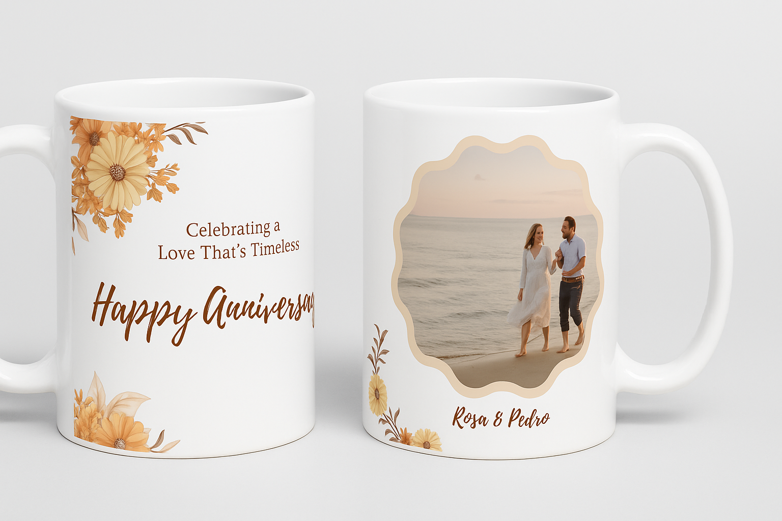 Personalized Anniversary Mug – "Happy Anniversary" with Floral Design & Custom Photo