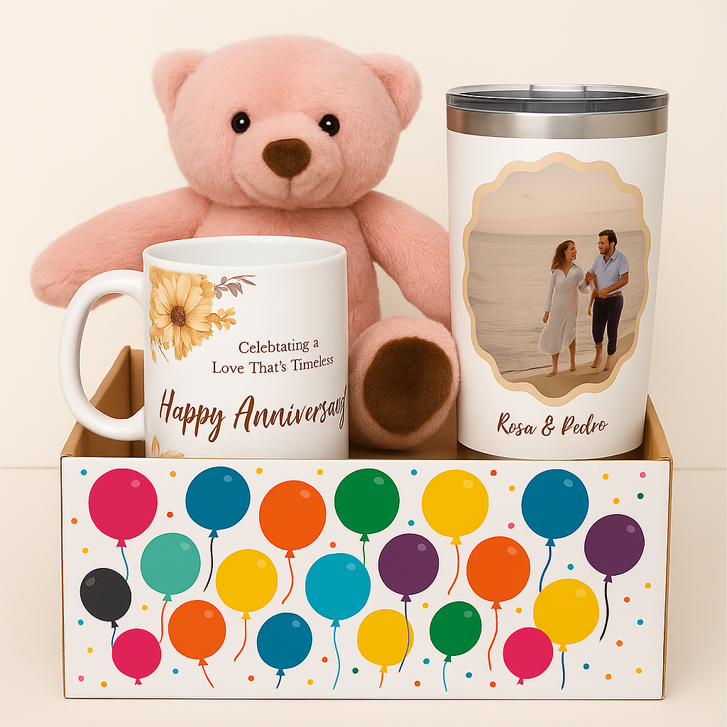 🎁 Personalized Anniversary Gift Hamper – Mug, Tumbler & Teddy in Balloon Box