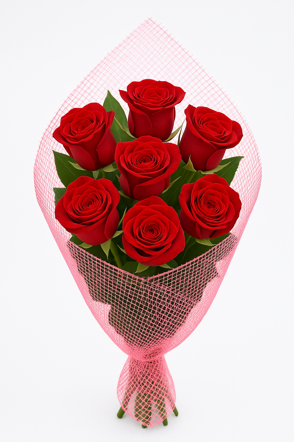 7 Red Roses Bouquet – Wrapped in Pink Netting