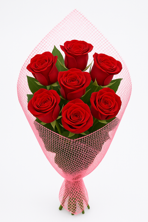 7 Red Roses Bouquet – Wrapped in Pink Netting