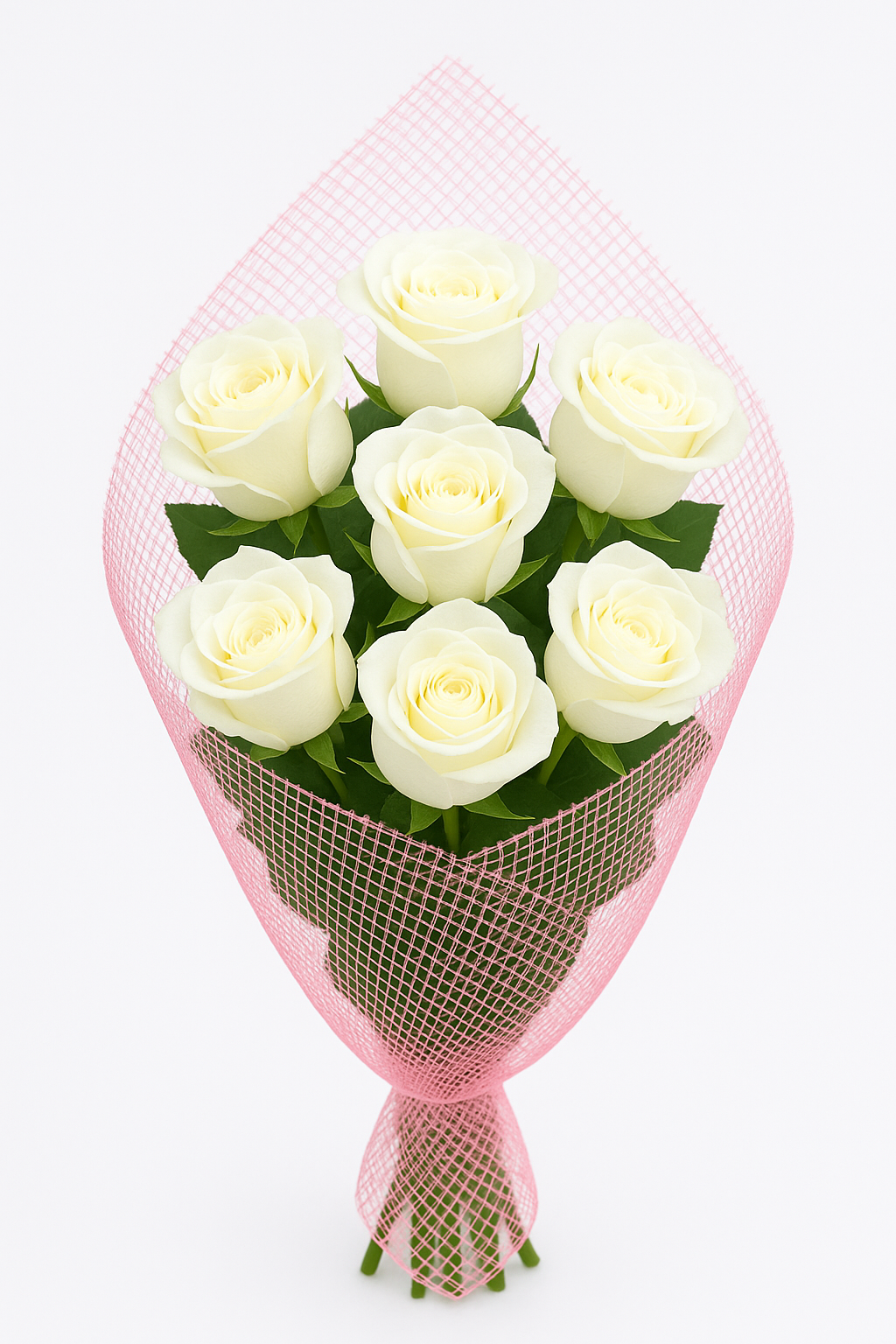 🌹7 White Roses Bouquet – Wrapped in Pink Netting