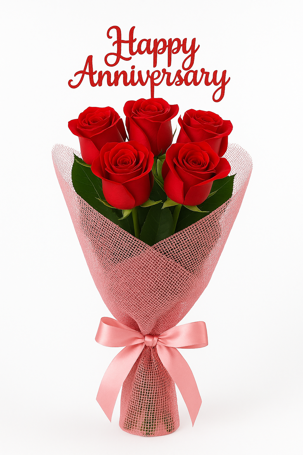 💘7 Red Roses Anniversary Bouquet – Pink Wrap with Topper💘