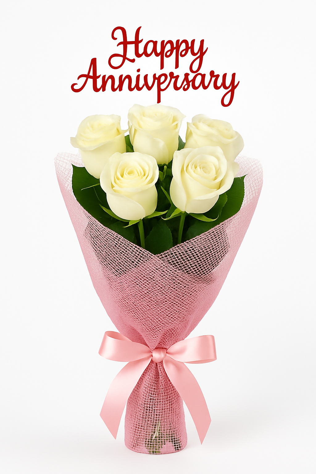 🤍7 White Roses Anniversary Bouquet – Pink Mesh Wrap with Topper🤍