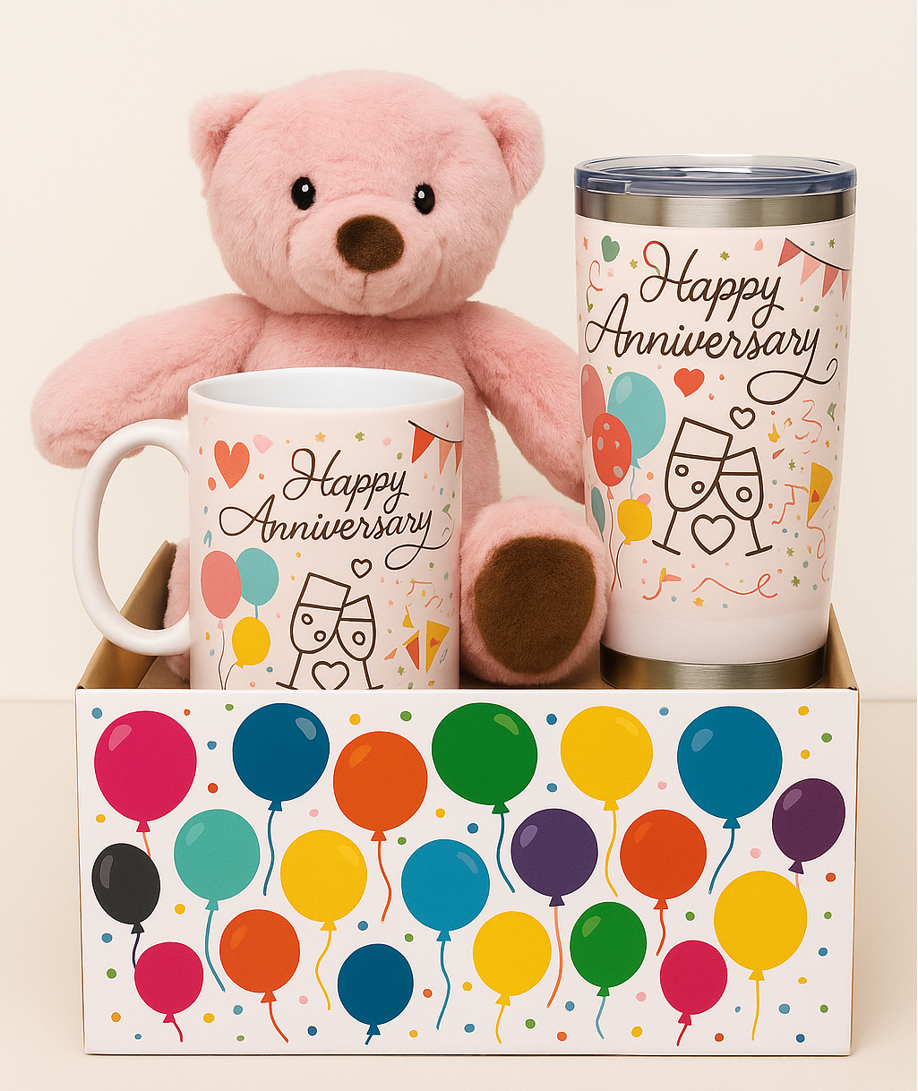 🎁 Anniversary Gift Hamper – Mug, Tumbler & Teddy