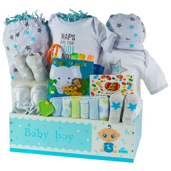 👶 Baby Boy Medium Gift Basket: Cribmates Gift Set, Moon Frame, Washcloths & Booties