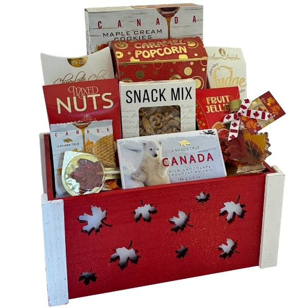 🇨🇦 Canadian Gourmet Gift Basket – Maple Cookies, Syrup, Popcorn & Chocolate in Red Maple Crate