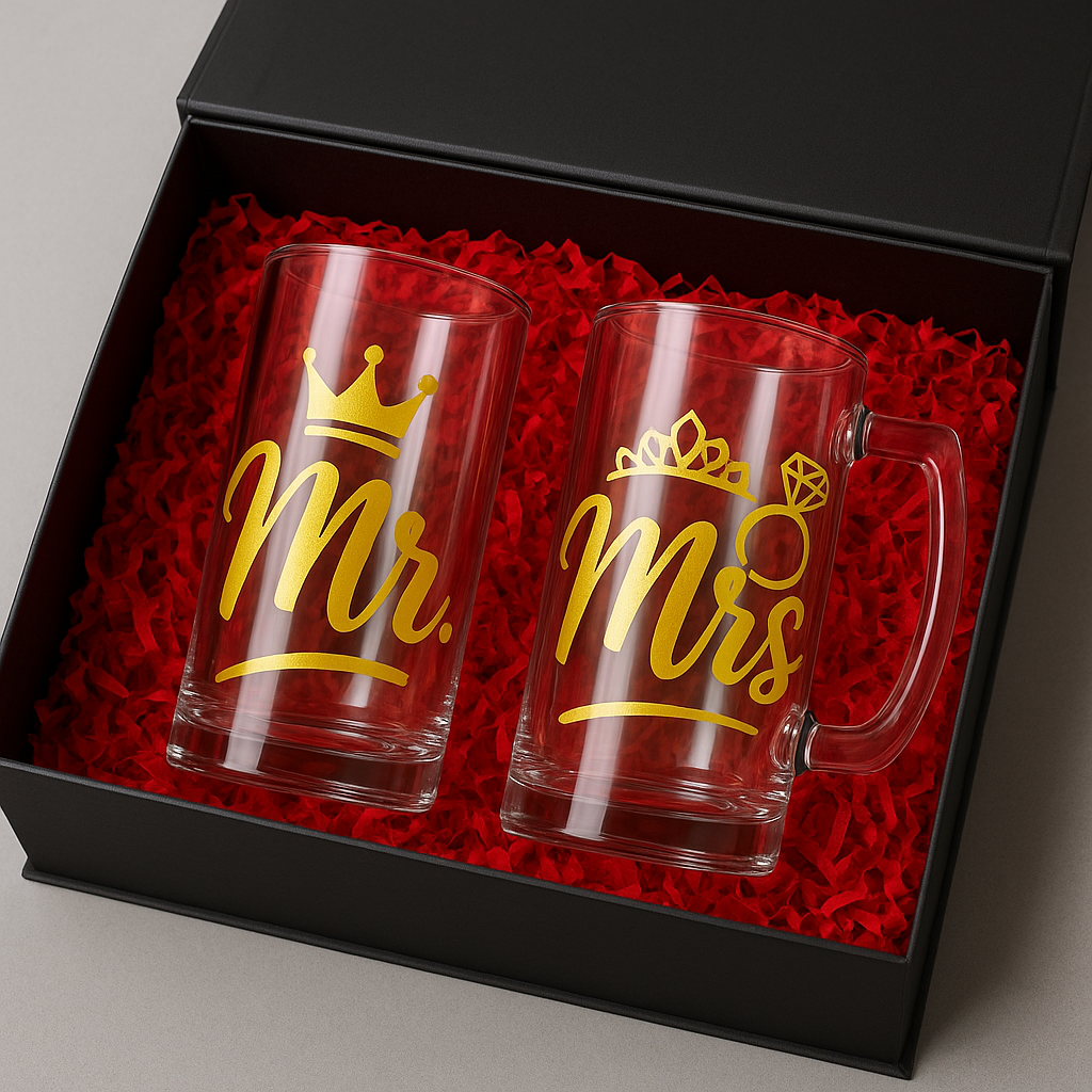 🥂 Mr. & Mrs. Gold Beer Mug Set – Anniversary and  Wedding Gift