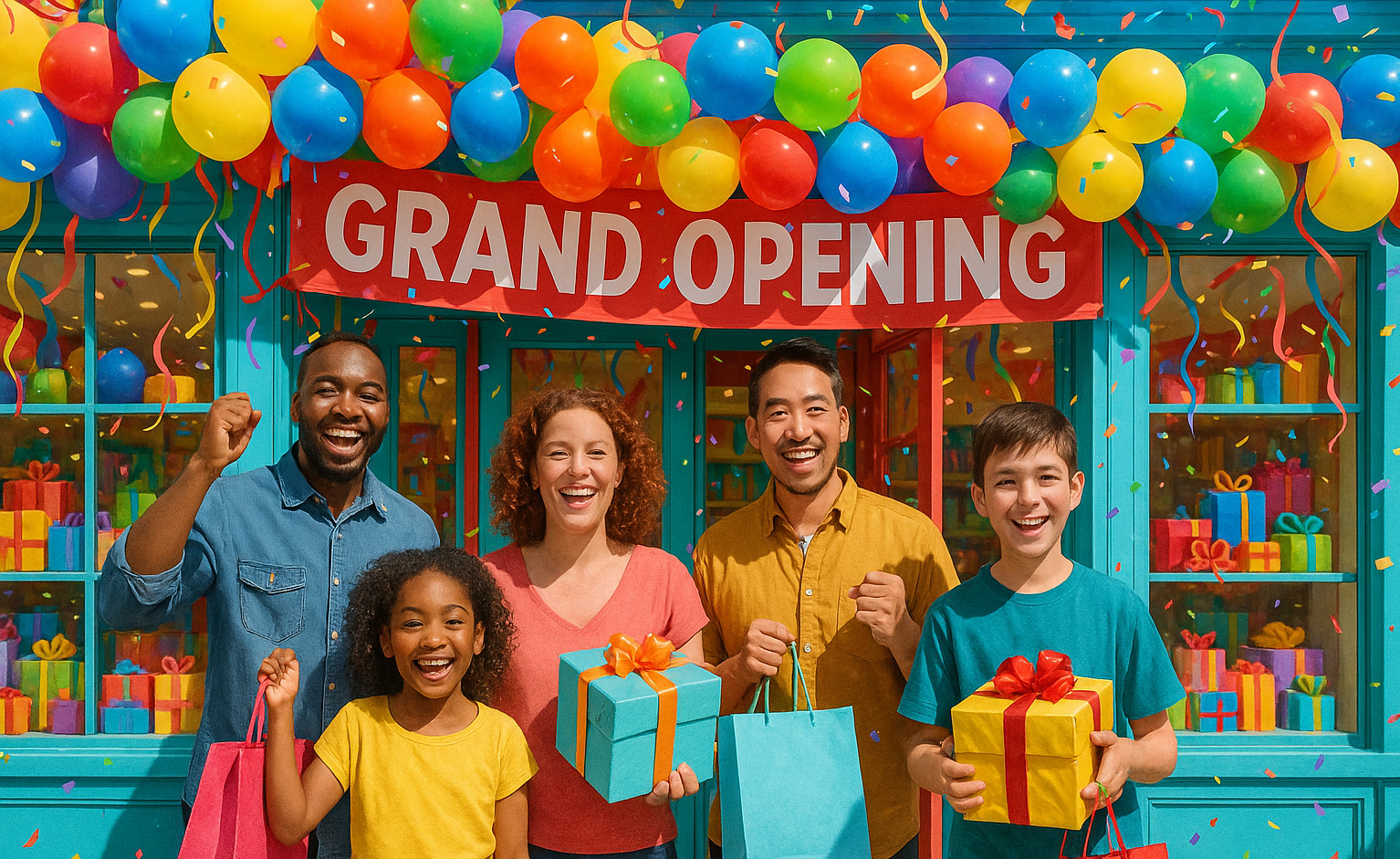 grand opening gift store, 5 humans, colorful