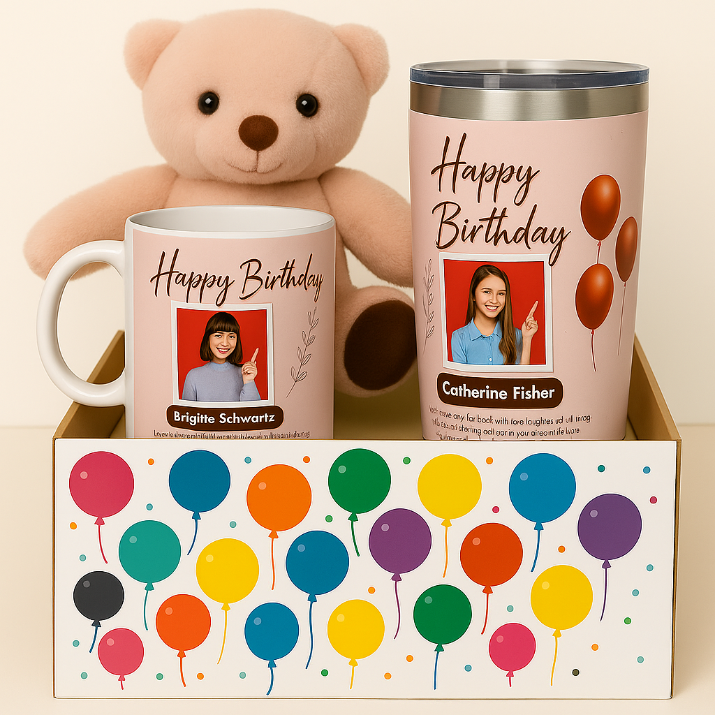 🎁 Personalized Birthday Gift Hamper – Mug, Tumbler & Teddy Bear