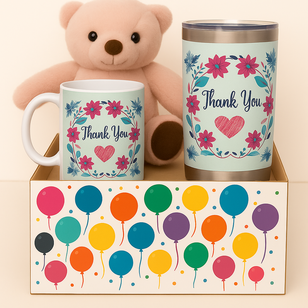 💐 Thank You Gift Set – Mug + Tumbler + Teddy Bear