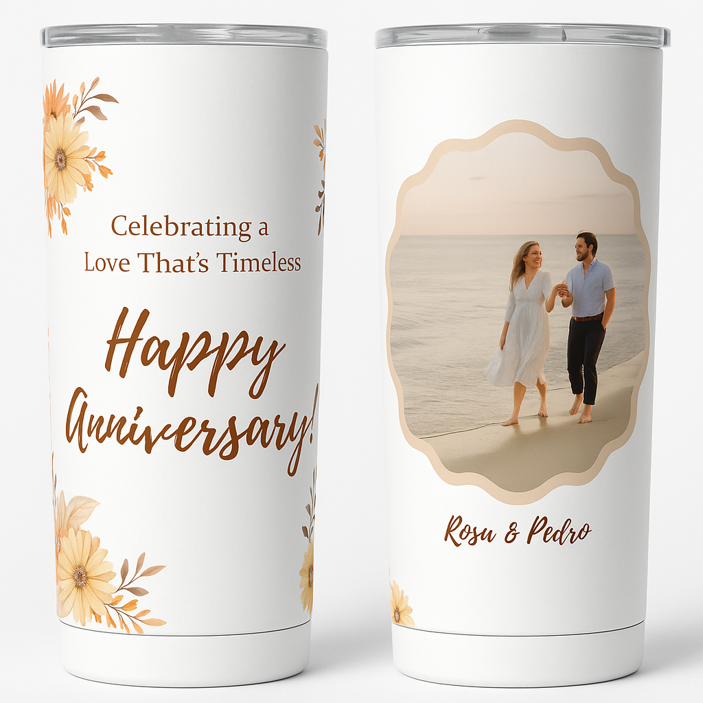 Personalized 20 oz Anniversary Tumbler – Floral Wrap with Photo & Message