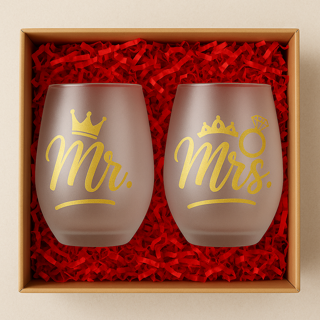 Mr. & Mrs. Frosted Stemless Wine Glass Gift Set – 17 oz