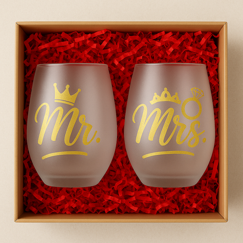 Mr. & Mrs. Frosted Stemless Wine Glass Gift Set – 17 oz