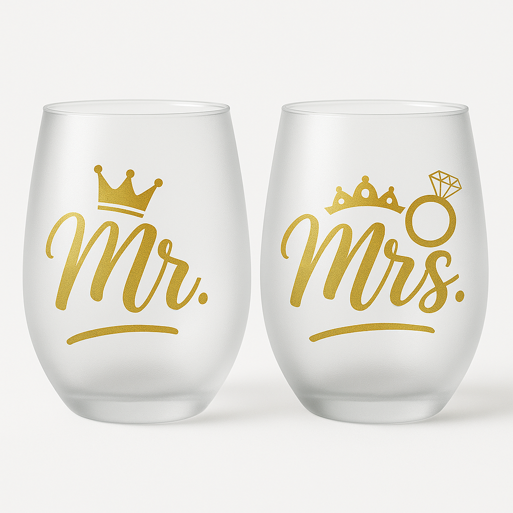 Mr. & Mrs. Frosted Stemless Wine Glass Gift Set – 17 oz