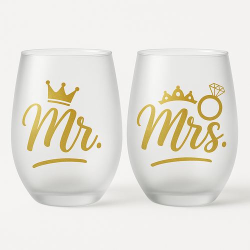 Mr. & Mrs. Frosted Stemless Wine Glass Gift Set – 17 oz